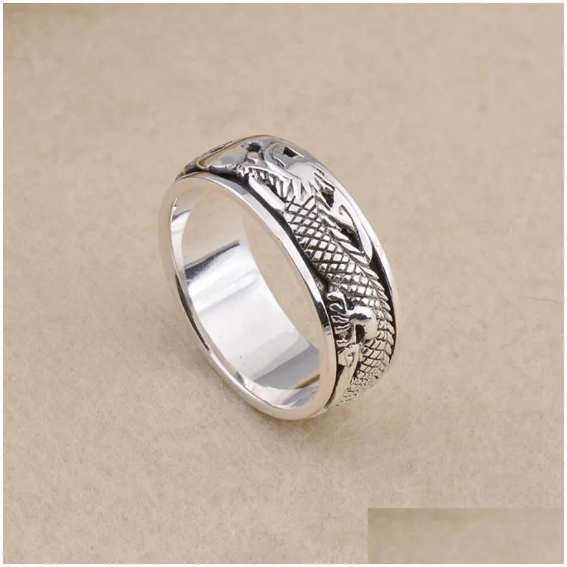 Band Rings 925 Sterling Sier Jewelry Men Women Black Vintage Rotatable Dragon Engagement Ring Couple Drop Delivery Jewelry Ring Dhvbc