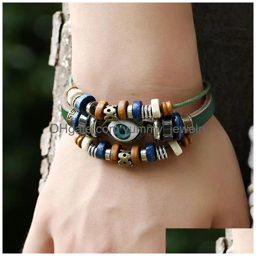 Charm Bracelets New Evil Eye Charm Bracelet Mti Layered Leather Wrap Wristband Adjustable Bangle For Women Men Fashion Jewelry Gift Dr Dhhti