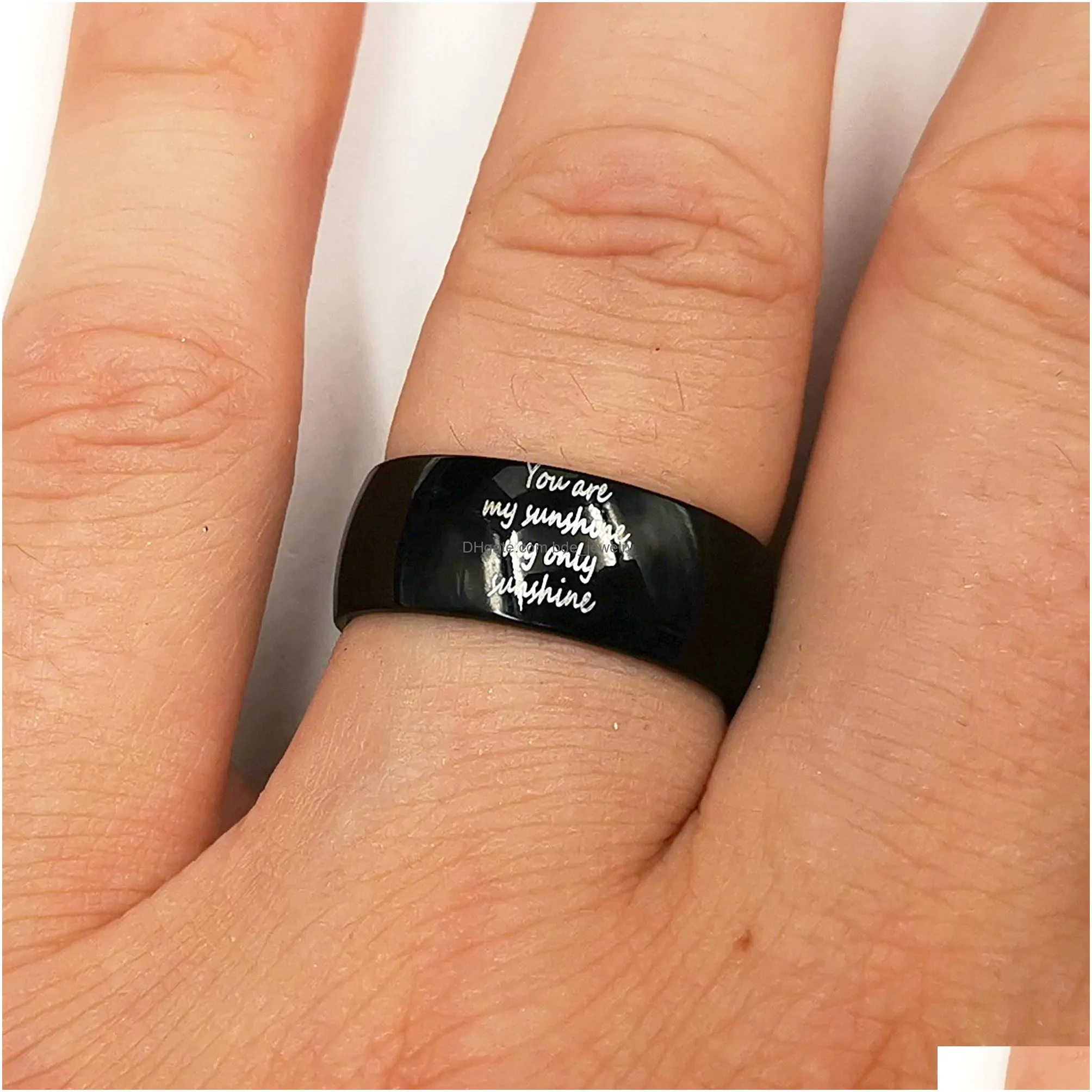 you are my sunshine ring for women men black stainless steel fashion smooth band rings 8-12