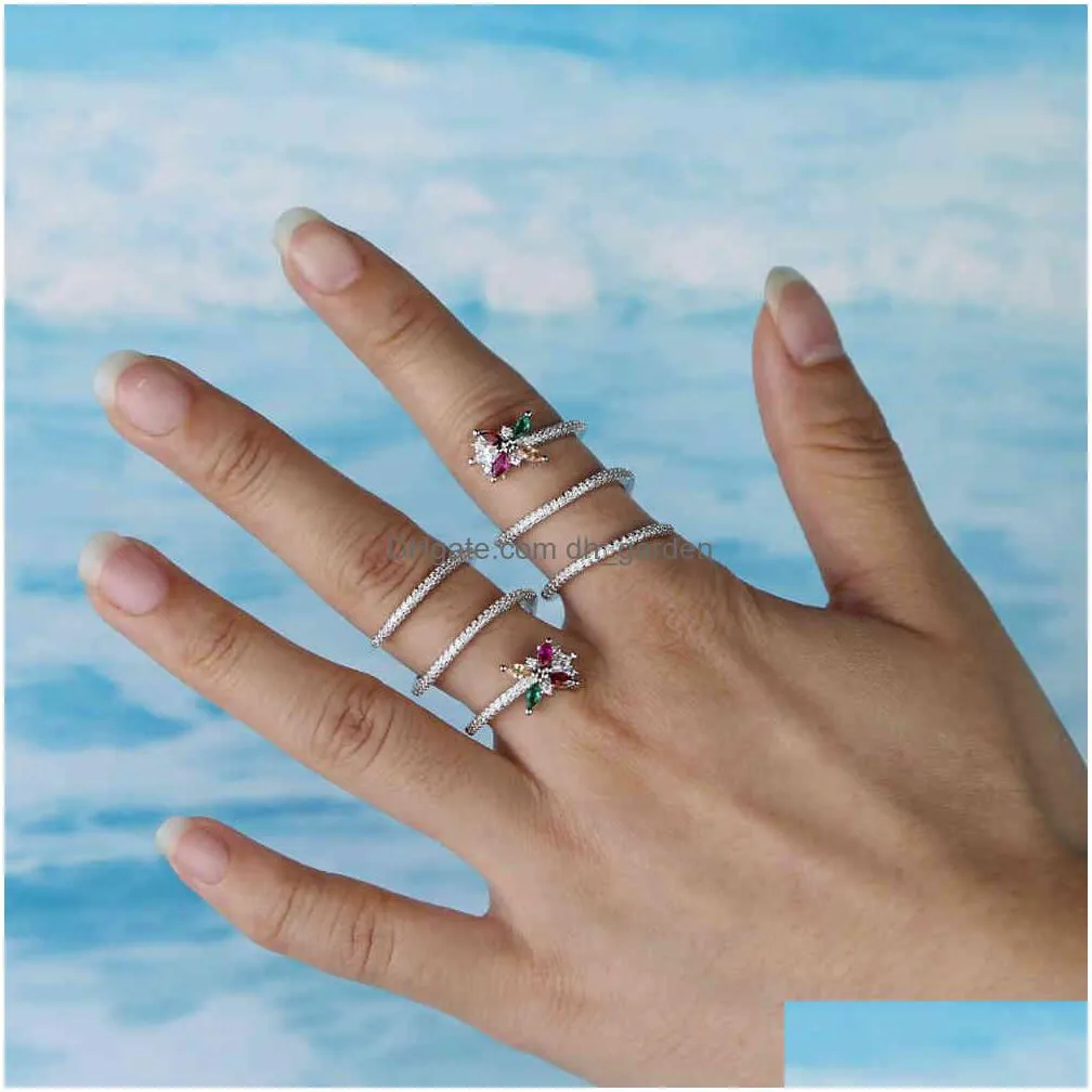 rainbow cz flower multi wrap long full finger ring for women silver color sparking cz paved fashion rings size 6 7 8