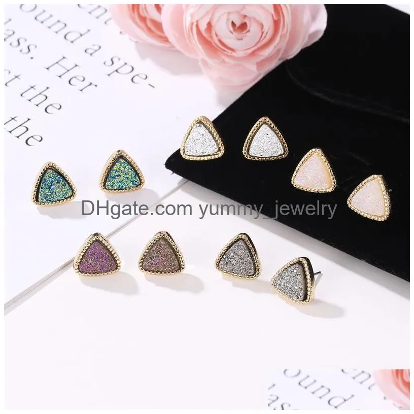 Stud Women Triangle Druzy Stud Earrings For Girls Resin Stone Gold Earring Female Fashion Jewelry Gift In Bk Drop Delivery Jewelry Ear Dhghp