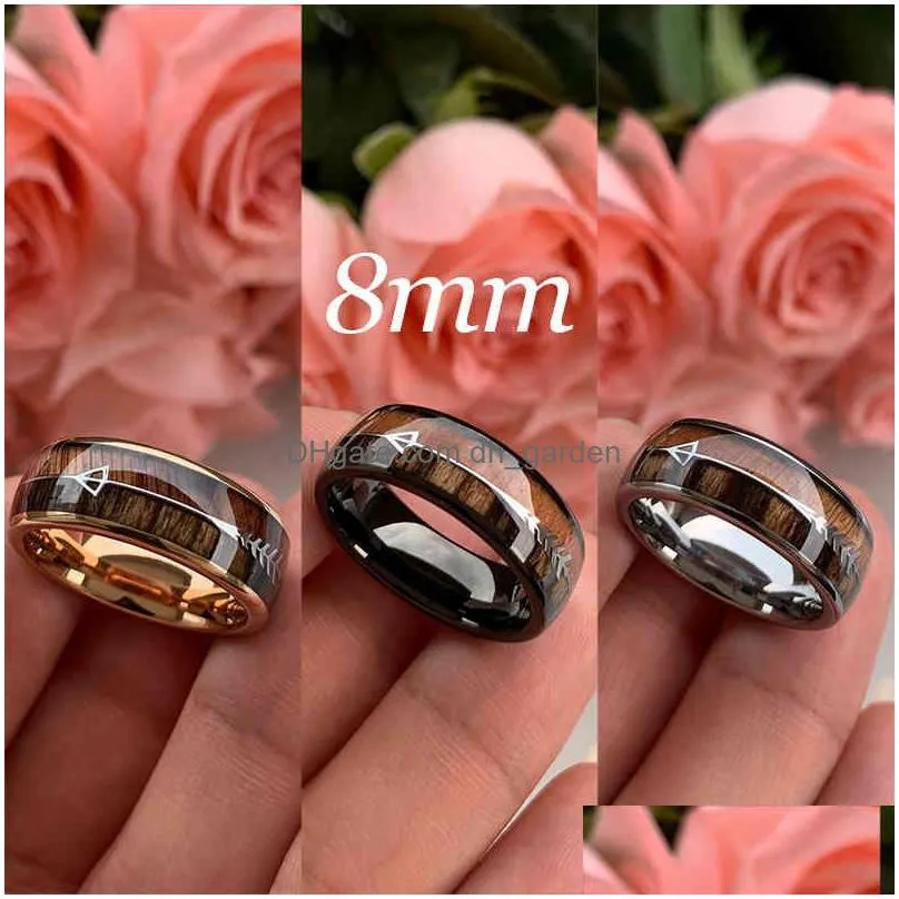 6/8mm tungsten carbide rings for men women wedding bands nature koa wood arrow inlay engraving comfort fit