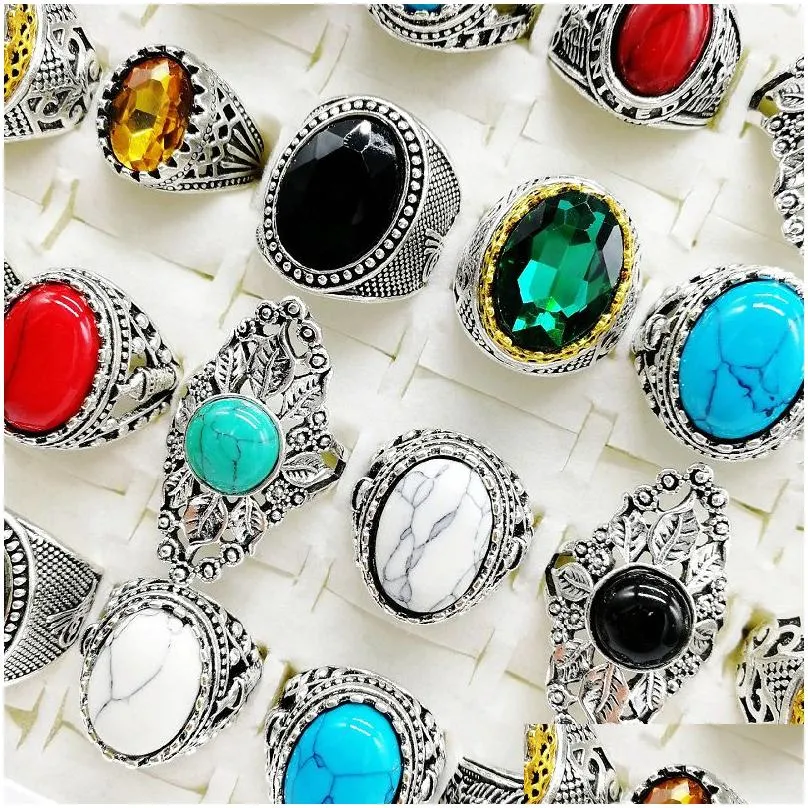 Band Rings Fashion 30 Pieces/Lot Turquoise Band Rings Jewelry Large Size Crystal Antique Sier Natural Stone Ring Womens Men Party Gift Dhvku