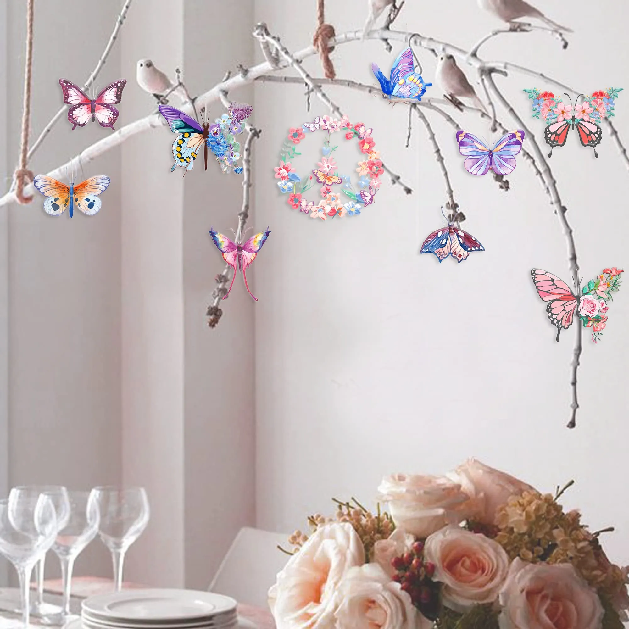 butterfly ornaments floral flower and butterflies wreath acrylic hanging tree ornament pendant garland banner for spring summer wedding bridal shower baby shower tea party nursery decorations