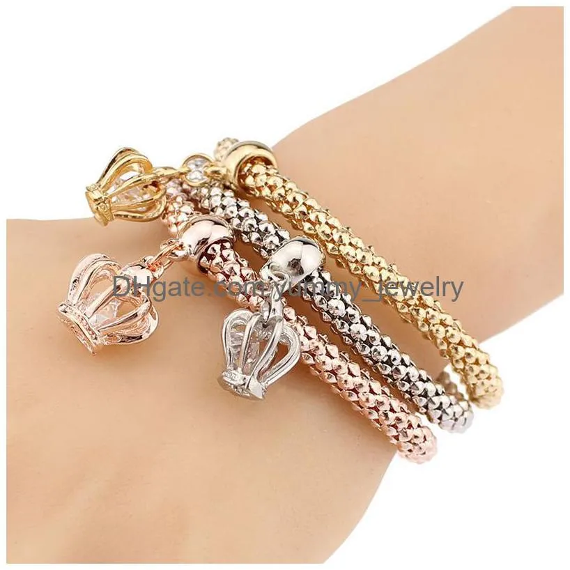 Charm Bracelets Three-Color Crown Charm Bracelets 3Pcs Sets Crystal Cubic Zirconia Stretch Thread Bangle For Women Mens Elastic Fashio Dhjil