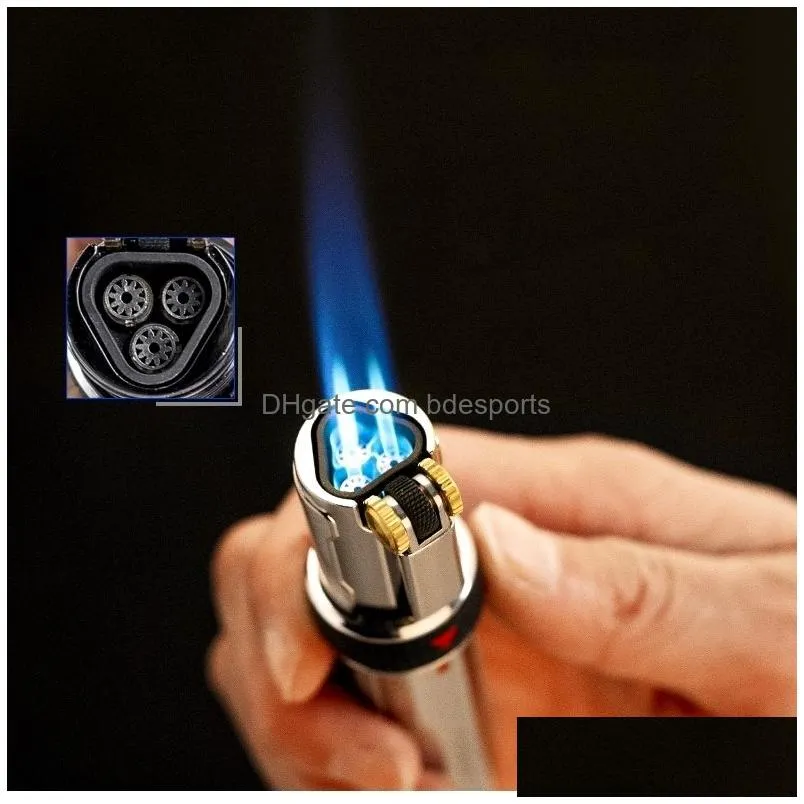 Lighters Jobon Triple Torch Lighter Windproof Gas Flint Refill  Powerf Flame Metal Spray Gun Kitchen Pipe Cigar Gift Drop Delivery Dhdiq