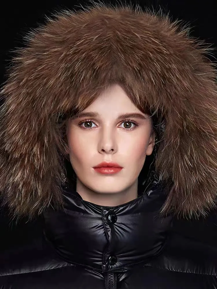 2023 Autumn Winter Women`s White Duck Down Parkas Zipper Jackets Hooded Fur Striped Woman`s Slim Long Coats MK23023
