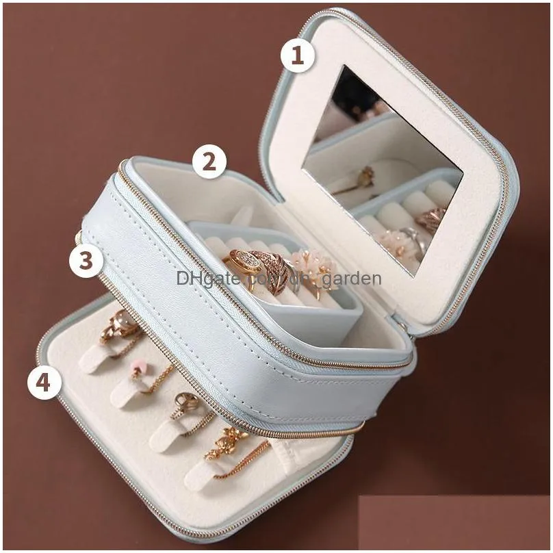 Jewelry Boxes Travel Jewelry Case Small Box Pu Leather Portable Storage Organizer Double Zipper Display Boxes For Rings Earrings Brace Dhte1