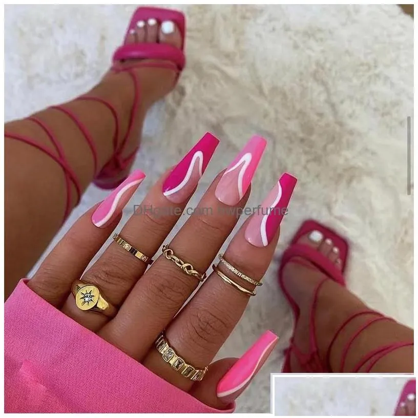 false nails 24pcs detachable pink long coffin press on nail fl er false nails wearable rhinestone gradiant ballerina design fake dro