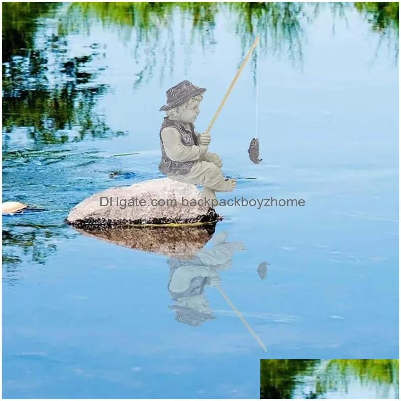 garden decorations statue gone fishing boy ornaments resin fisherman with rod figurine sculpture for pool pond yard