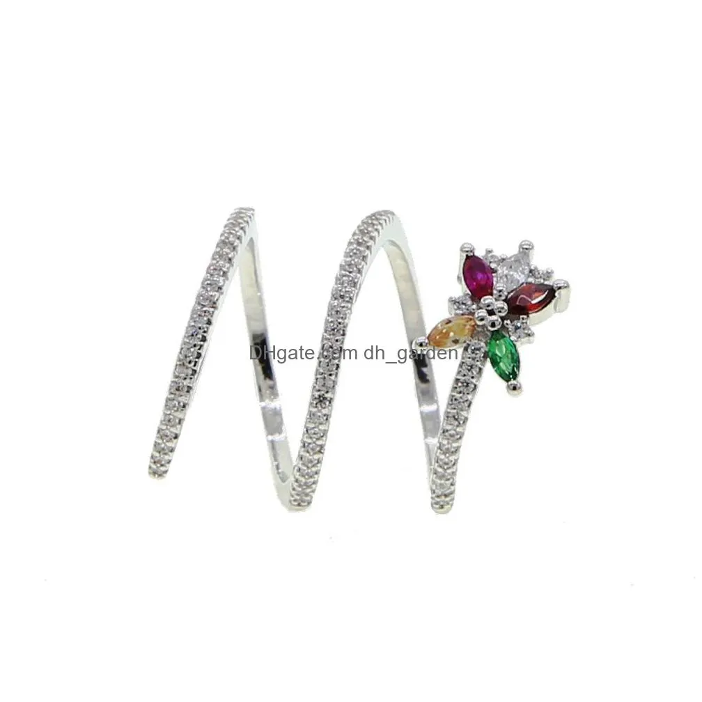 rainbow cz flower multi wrap long full finger ring for women silver color sparking cz paved fashion rings size 6 7 8