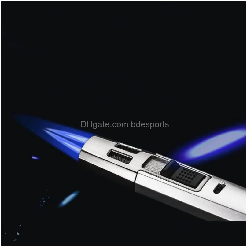 Lighters Double Cross Flame Butane Torch Lighter Outdoor Metal Portable Long Strip Windproof Gas Cigarette Cigar Gadgets For Men Drop Dhzbk