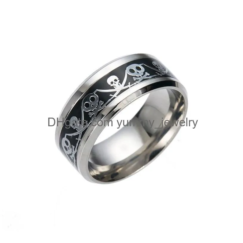 Band Rings New Stainless Steel Pirate Style Mens Rings Punk Skl Skeleton Knife Pattern Titanium Ring For Women Fashion Jewelry Drop De Dhkhu