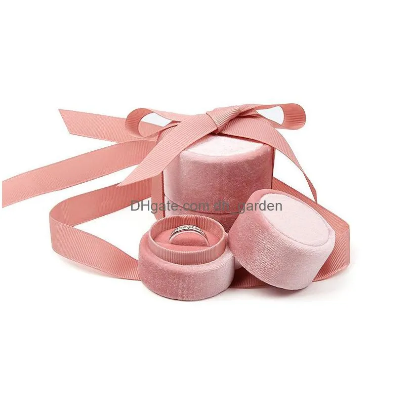 Jewelry Boxes Veet Round Jewelry Box Wedding Ring Case With Elegant Ribbon Pendant Necklace Earrings Storage Holder For Proposal Drop Dhqgd