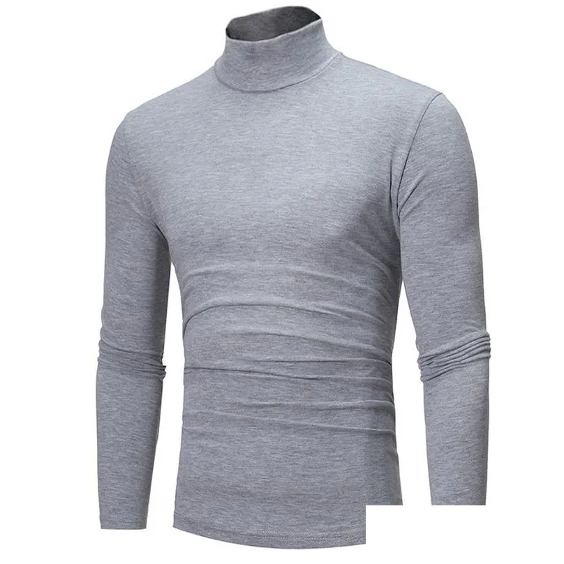 Men`S T-Shirts Mens T-Shirts Autumn Winter Thermal Long Sleeve Roll Turtleneck T-Shirt Solid Color Tops Male Slim Basic Stretch Tee To Dhgvo