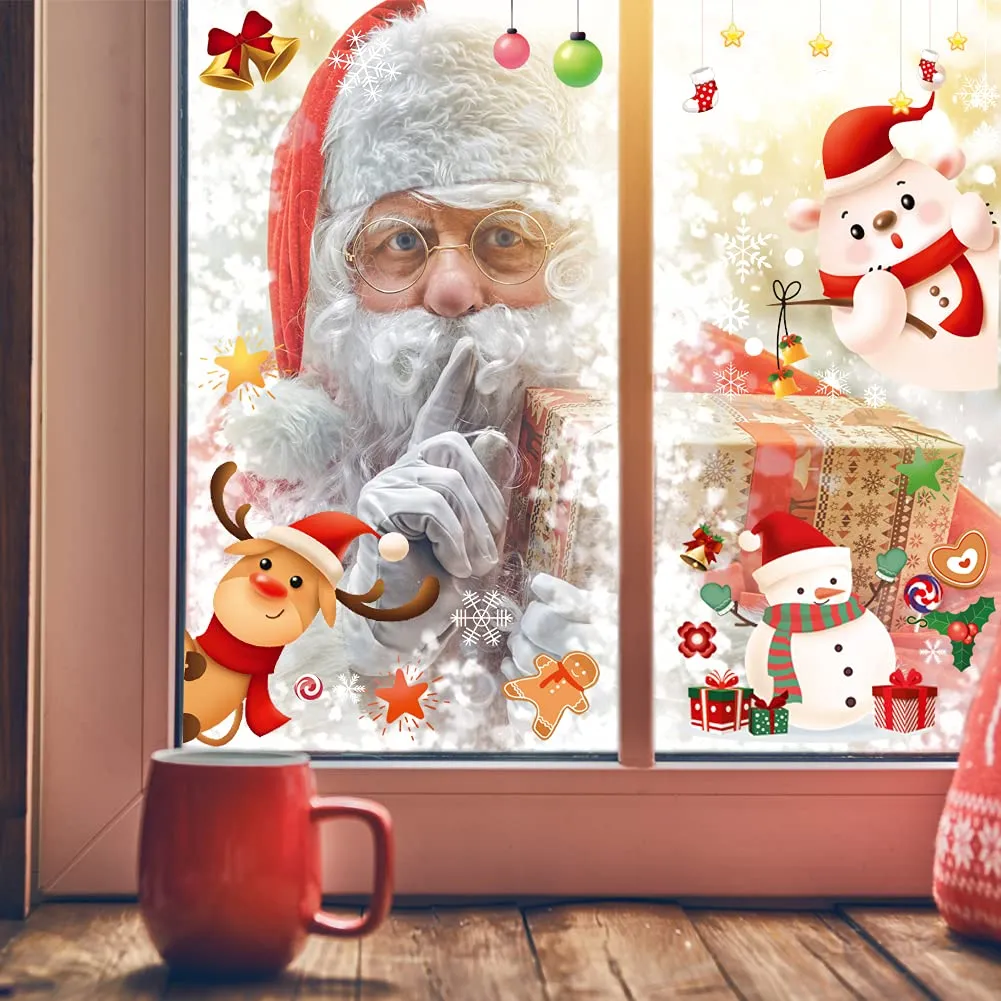 christmas window stickers 9 sheets merry xmas window cling film double sided santa claus snowman decorative decals for glass windows