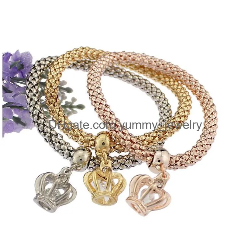 Charm Bracelets Three-Color Crown Charm Bracelets 3Pcs Sets Crystal Cubic Zirconia Stretch Thread Bangle For Women Mens Elastic Fashio Dhjil