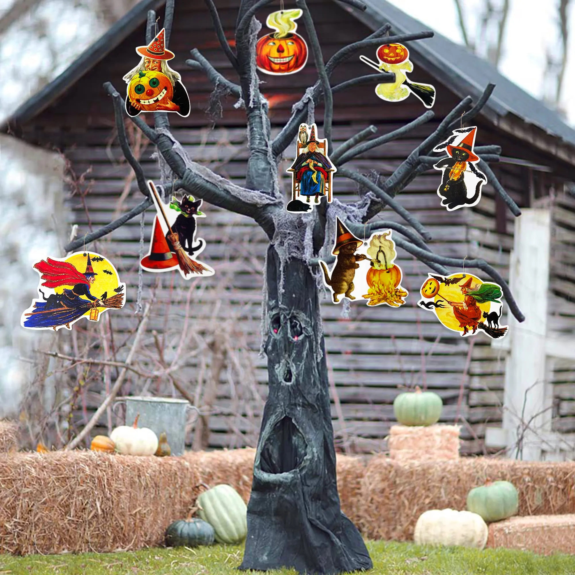 halloween ornaments vintage witches hanging wooden tree ornaments retro pumpkin ghost black cat pendant garland banner for weird halloween theme holiday tree home party tree decorations supplies