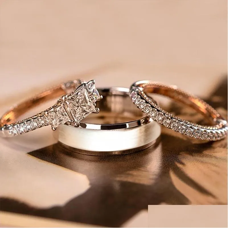 huitan arrival trendy 3pcs/set women rings princess cut zircon micro paved small round cz stone wedding engagement jewelry