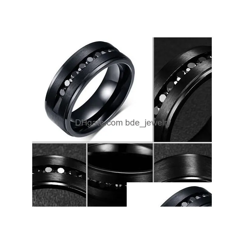 brand arrival elaborately design high quality 316l stainless steel mens black finger hoop ring charming drill zircon 7-12