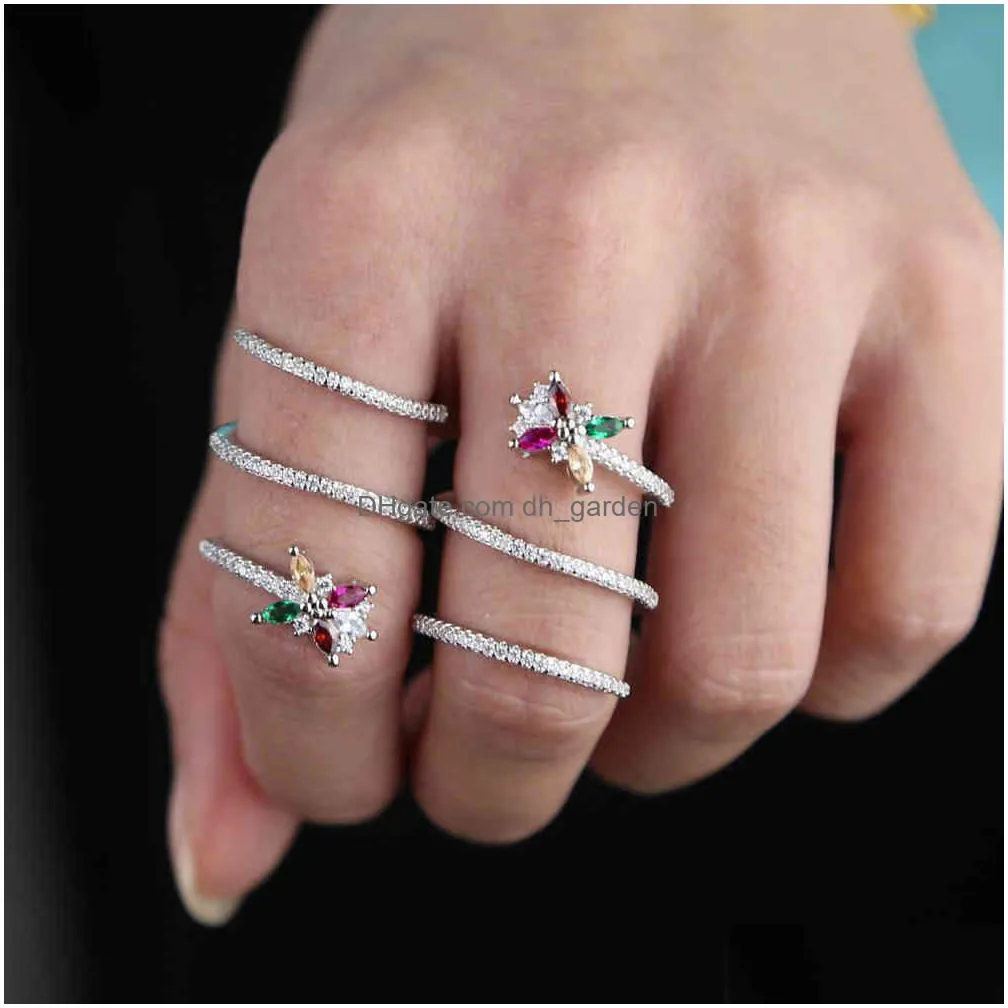 rainbow cz flower multi wrap long full finger ring for women silver color sparking cz paved fashion rings size 6 7 8