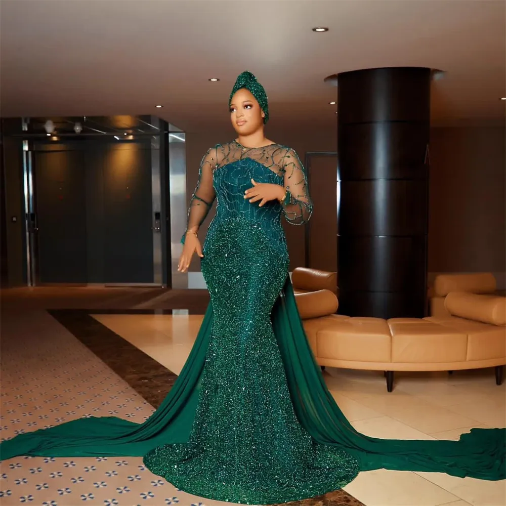 2023 Nov Aso Ebi Arabic Mermaid Hunter Green Prom Dress Sequined Crystals Evening Formal Party Second Reception Birthday Engagement Gowns Dresses Robe De Soiree