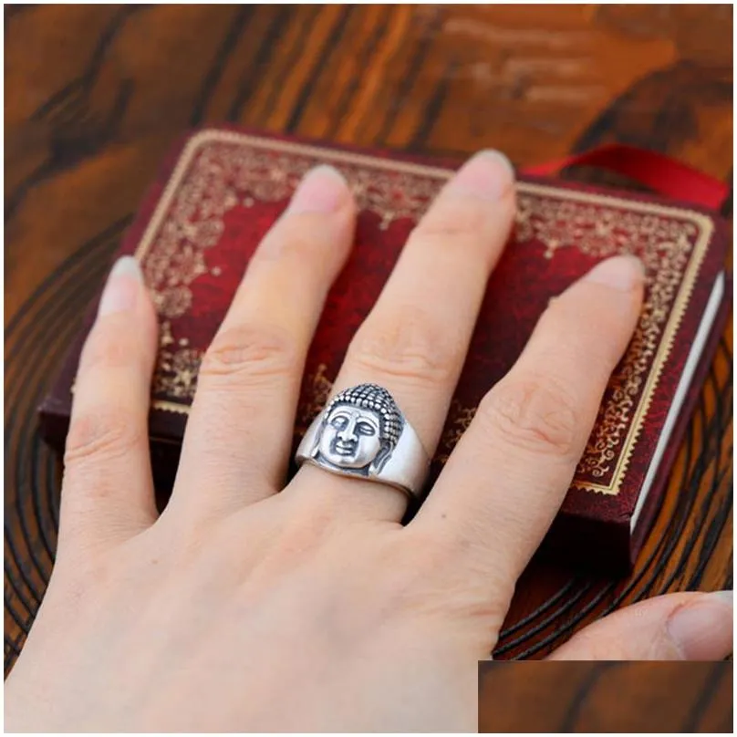 Band Rings 990 Real Sterling Sier Jewelry Men Women Ethnic Scrub Buddha Head Ring Christmas Gift Drop Delivery Jewelry Ring Dhfao