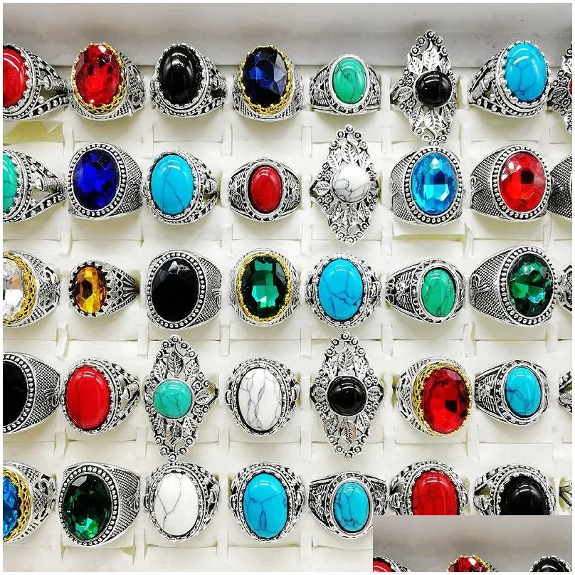 Band Rings Fashion 30 Pieces/Lot Turquoise Band Rings Jewelry Large Size Crystal Antique Sier Natural Stone Ring Womens Men Party Gift Dhvku