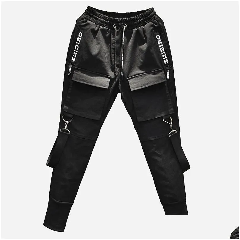 godlikeu summer hip hop pants mens korean trend skinny ribbons cargo black trousers