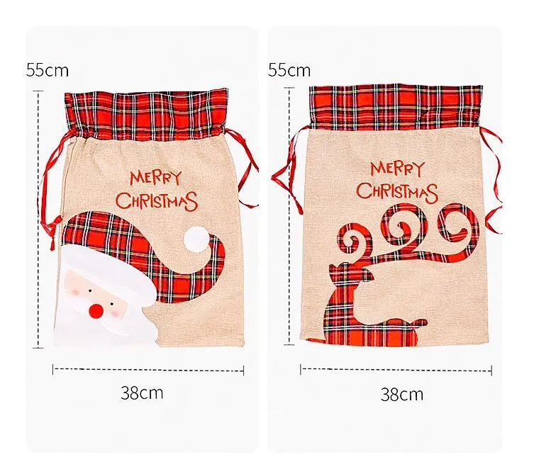 Linen Santa Sack Christmas Gift Bag Red Plaid Drawstring Tote Bags Festival Decoration SN4177