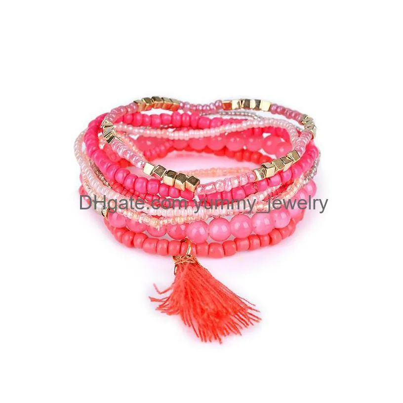 Charm Bracelets 6 Colors Boho Beach Mtilayer Crystal Tassel Charm Beaded Bracelets For Women Bohemian Layered Beads Chains Wrap Bangle Dhole