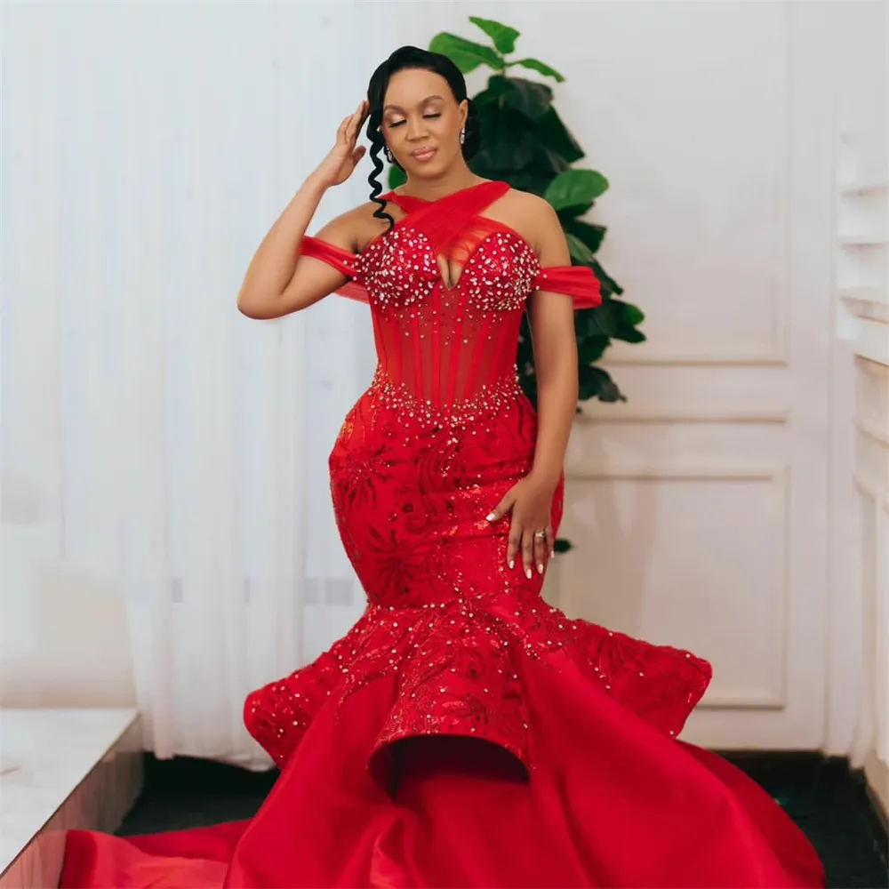 2023 Nov Aso Ebi Arabic Mermaid Red Prom Dress Sequined Lace Satin Evening Formal Party Second Reception Birthday Engagement Gowns Dresses Robe De Soiree ZJ69
