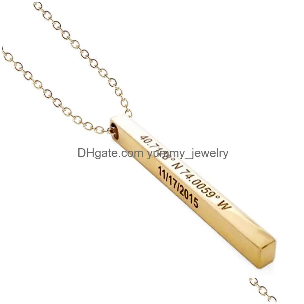 Pendant Necklaces Custom Personalized Vertical Bar Necklace Sier Engraved Date Name Pendant For Women Wedding Jewelry Anniversary Mom Dhyc9