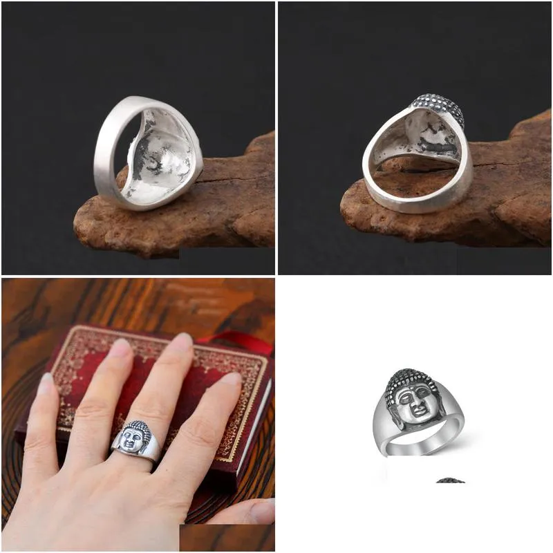 Band Rings 990 Real Sterling Sier Jewelry Men Women Ethnic Scrub Buddha Head Ring Christmas Gift Drop Delivery Jewelry Ring Dhfao