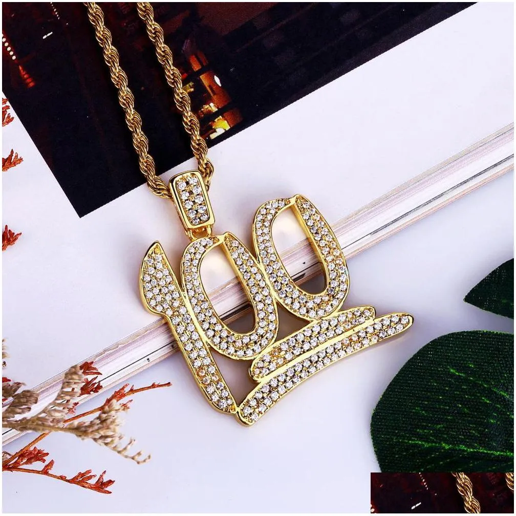 Pendant Necklaces Gold Color Cubic Zirconia Paved Iced Out Bling 100 Points Pendants Necklace For Men Hip Hop Rapper Jewelry Drop Deli Dhyaf