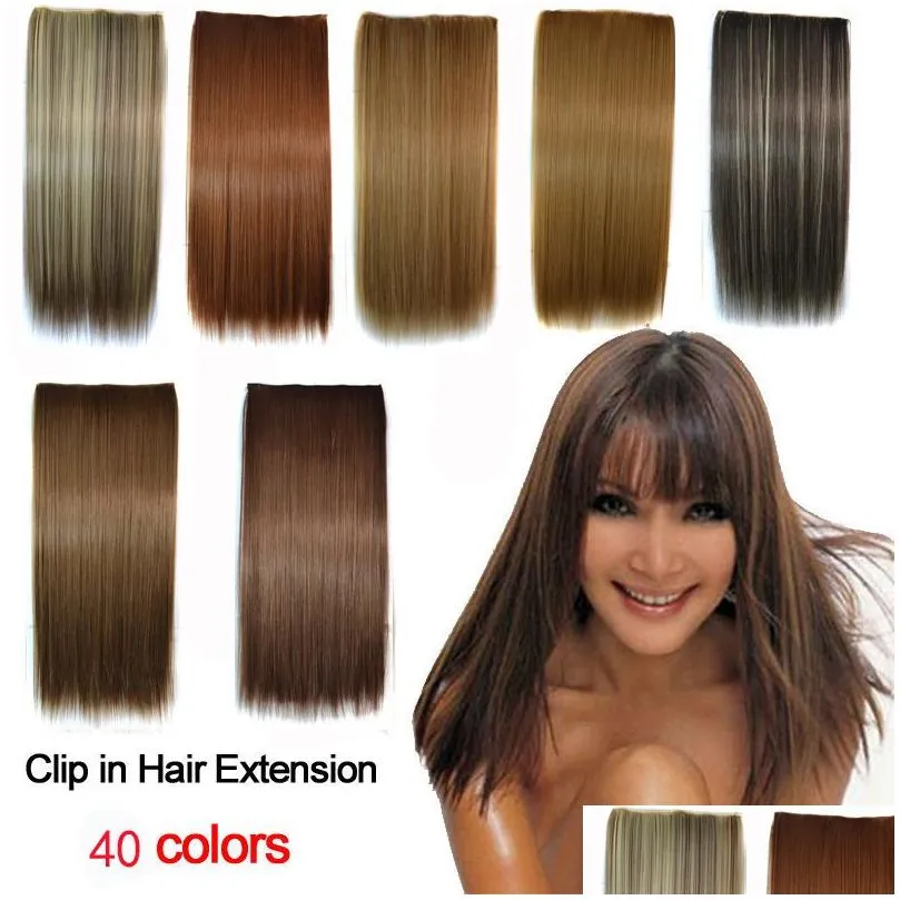 24 multi-colored five clips in hair pieces straight smoothy heat resistant synthetic hair extensions