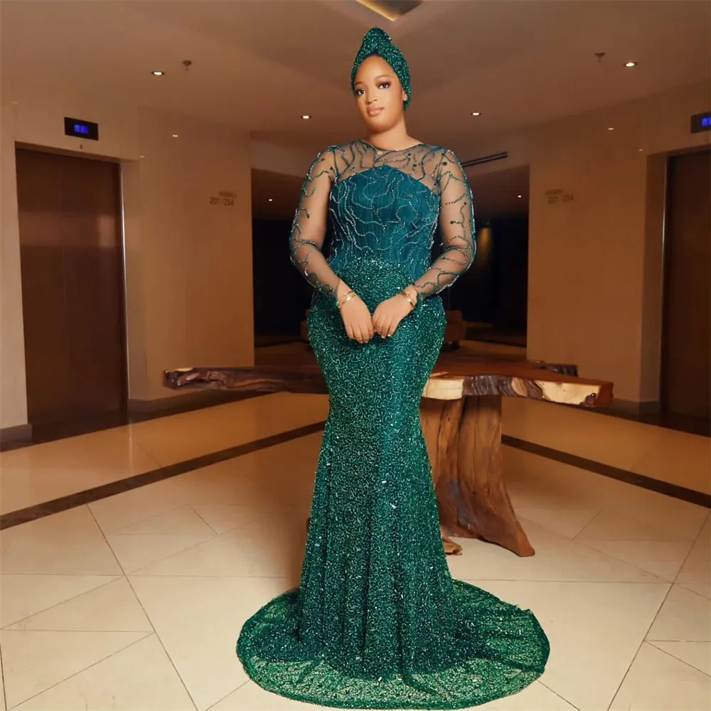 2023 Nov Aso Ebi Arabic Mermaid Hunter Green Prom Dress Sequined Crystals Evening Formal Party Second Reception Birthday Engagement Gowns Dresses Robe De Soiree