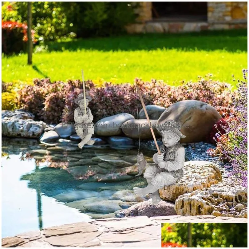 garden decorations statue gone fishing boy ornaments resin fisherman with rod figurine sculpture for pool pond yard