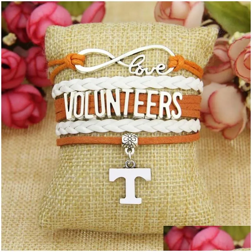 Charm Bracelets Wholesale-12 Pieces/Lot Infinity Love Ncaa Tennessee Volunteers Sports Team Bracelet Orange White Custom Drop Drop Del Dhnws