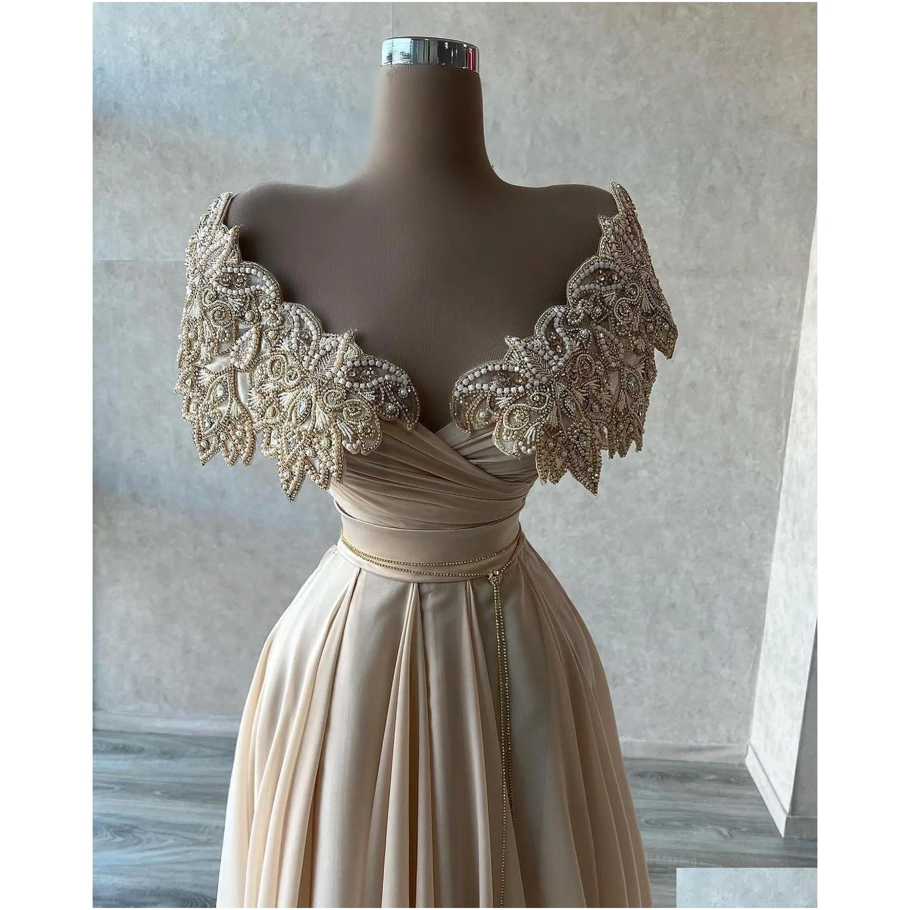 luxury beaded pearls prom dresses y chiffon aline off shoulder evening formal party gowns custom made bc11949