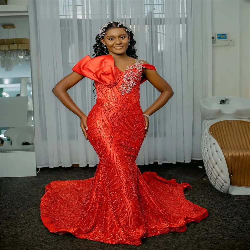 2023 Nov Aso Ebi Arabic Mermaid Red Prom Dress Sequined Lace Crystals Evening Formal Party Second Reception Birthday Engagement Gowns Dresses Robe De Soiree ZJ047