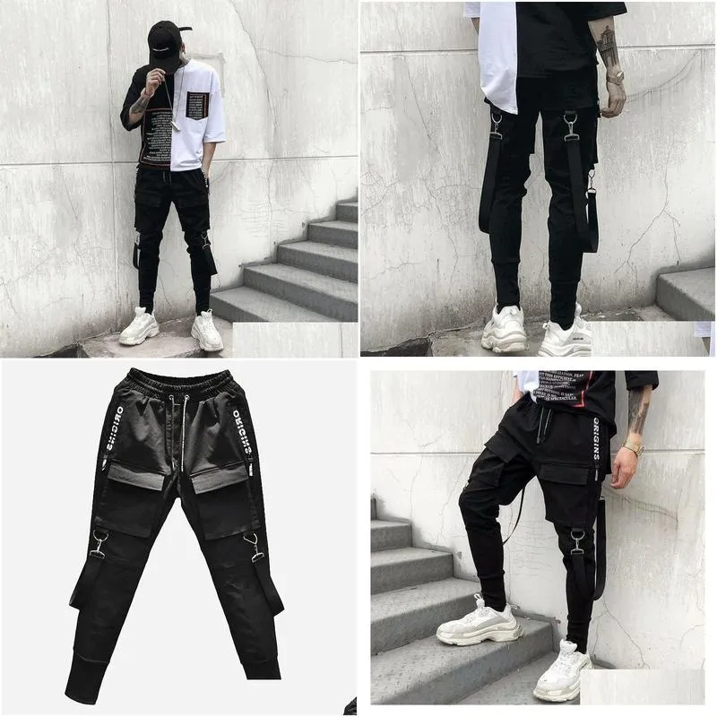 godlikeu summer hip hop pants mens korean trend skinny ribbons cargo black trousers