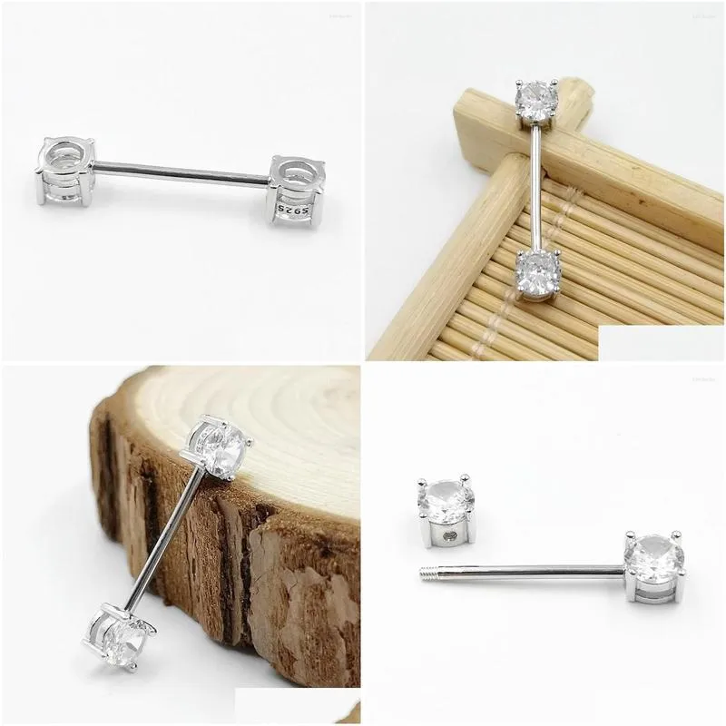 Other Body Jewelry 925 Sterling Sier Nipple Ring Front Facing Double Cz Bar Barbell 18G 14/16Mm Drop Delivery Jewelry Body Jewelry Dh31F