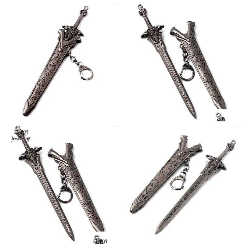Keychains & Lanyards Keychains Zheyi Vintage Lich King Sword Model Pendant Keychain For Men Boys Gun Black Color  Sign Key Ring Ma Dhb86