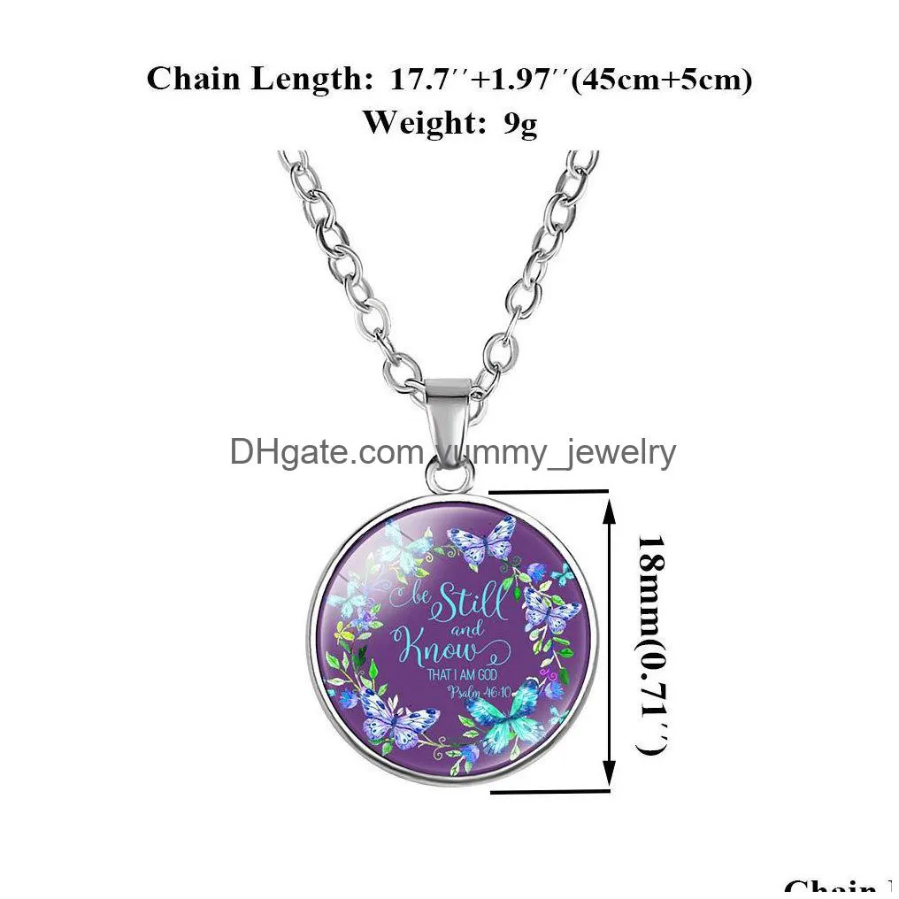 Pendant Necklaces New Relin Bible Scripture Necklace For Women Christians Verses Letter Flower Glass Cabochon Pendant Chains Faith Jew Dhvqy