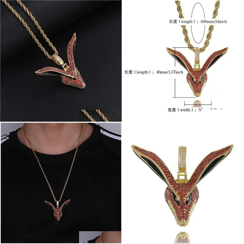 Pendant Necklaces Red Cubic Zirconia Paved Iced Out Bling  Kyuubi Nine Tailed Fox Pendants Necklace For Men Hip Hop Rapper Jewel Dhvtf