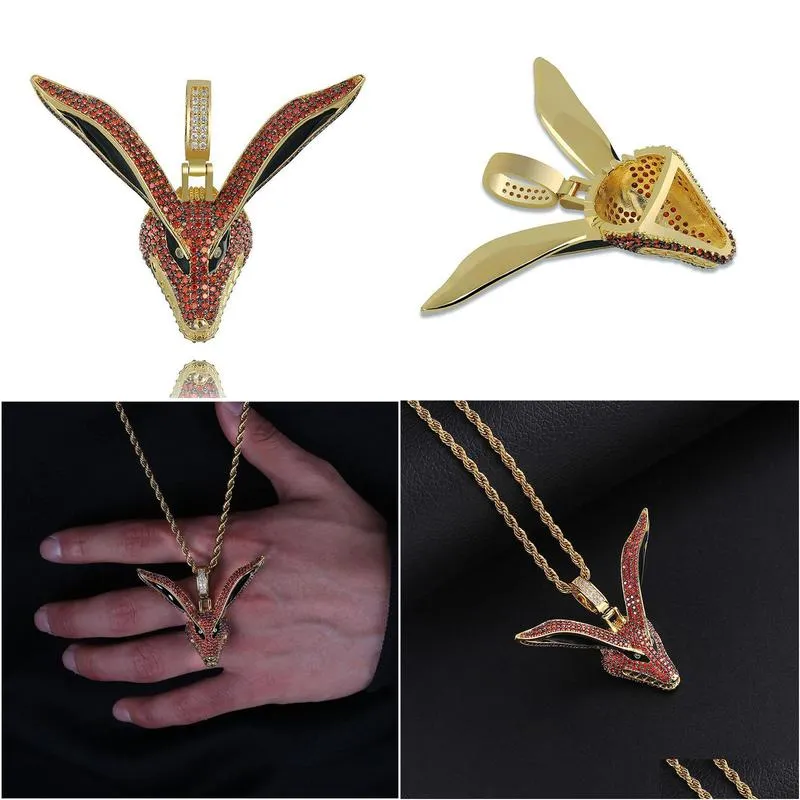 Pendant Necklaces Red Cubic Zirconia Paved Iced Out Bling  Kyuubi Nine Tailed Fox Pendants Necklace For Men Hip Hop Rapper Jewel Dhvtf