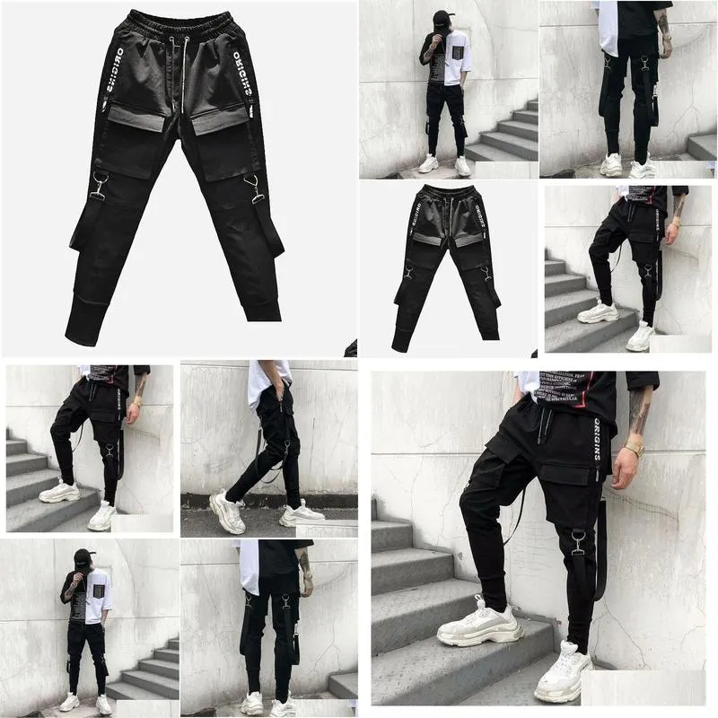 godlikeu summer hip hop pants mens korean trend skinny ribbons cargo black trousers