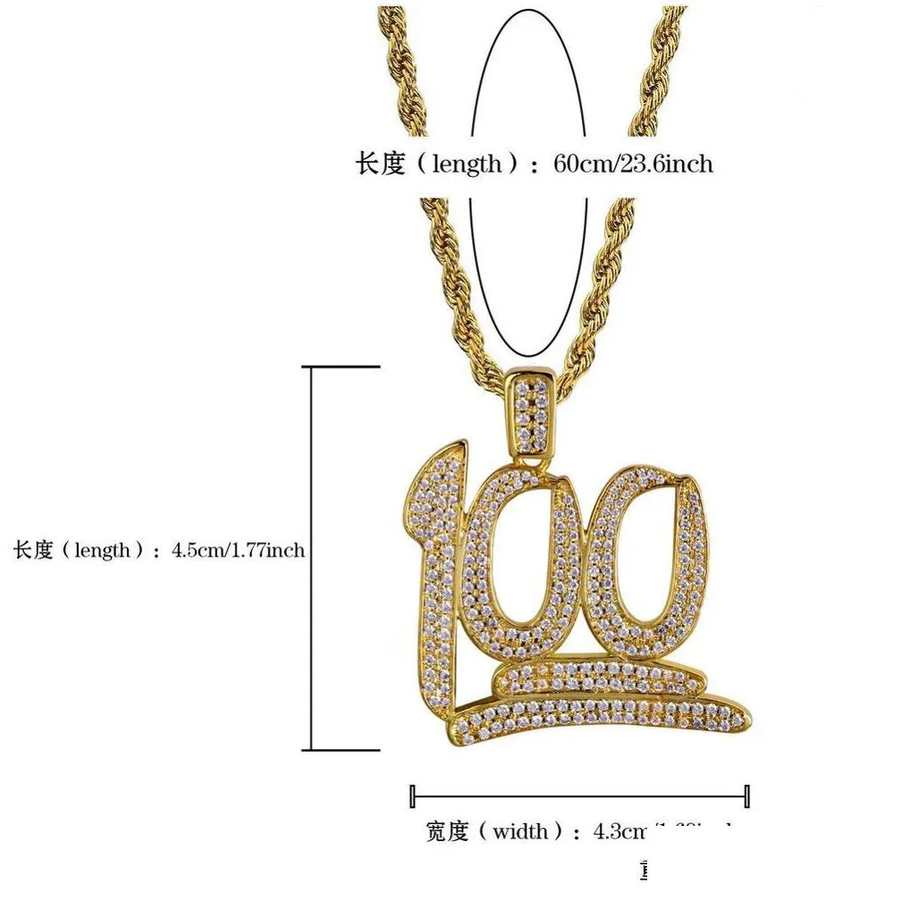 Pendant Necklaces Gold Color Cubic Zirconia Paved Iced Out Bling 100 Points Pendants Necklace For Men Hip Hop Rapper Jewelry Drop Deli Dhyaf