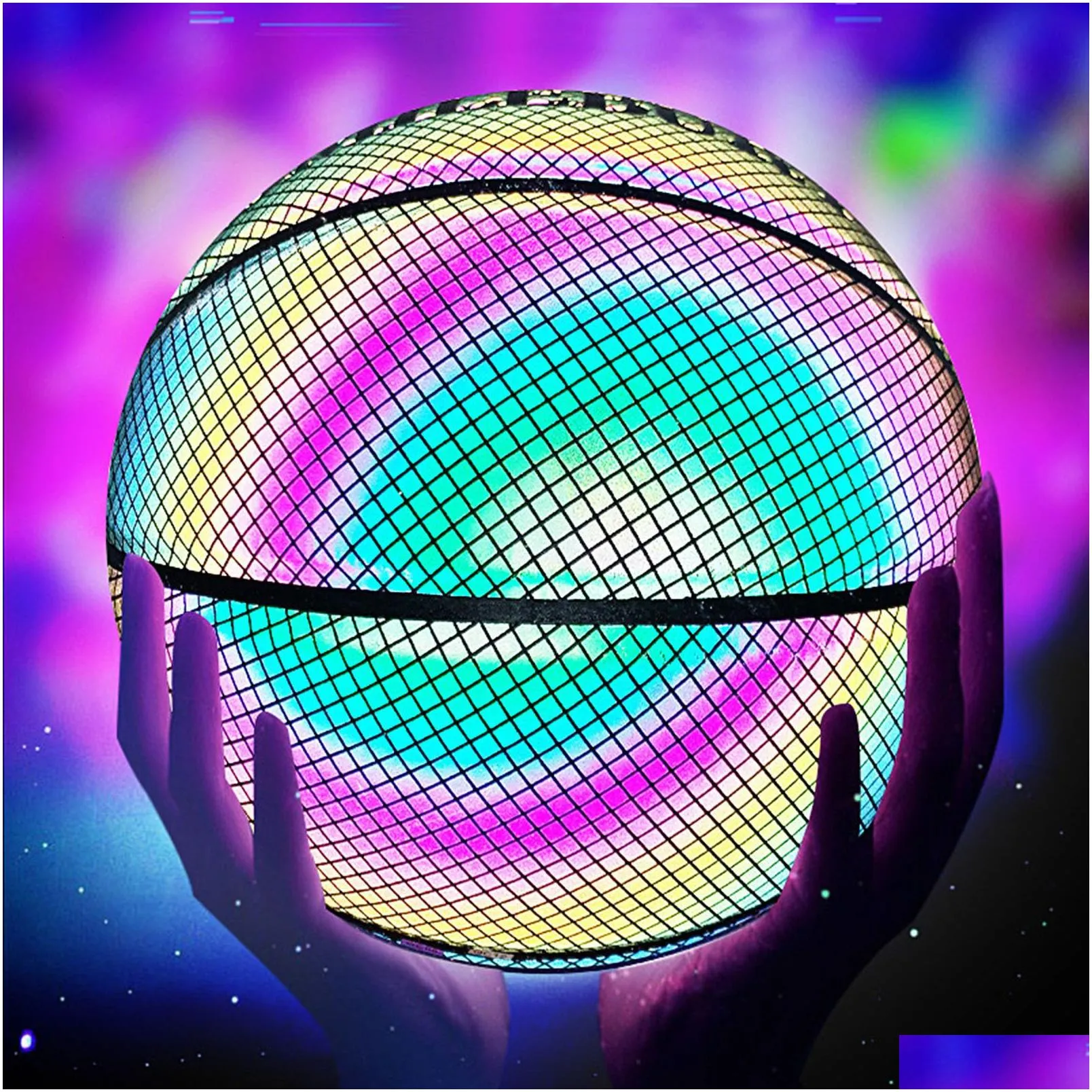 Novelty Games Novelty Games Luminous Basketball Ball Holographic Reflective Lighted Flash Pu Wear Resistant Glowing Night Sports Game Dhrx8